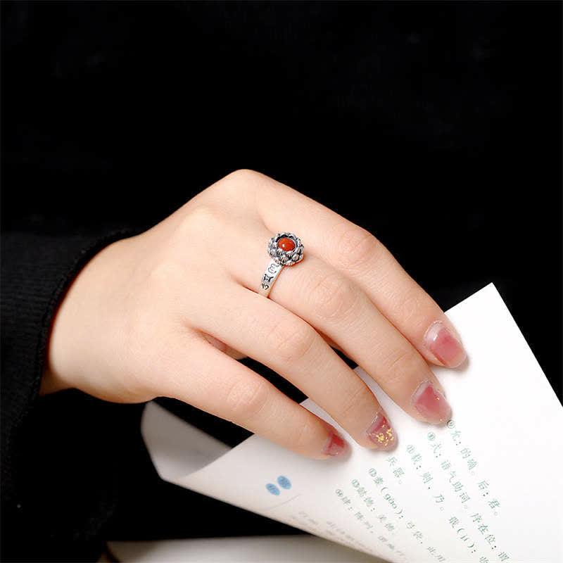 Buddha Stones925 Sterling Silver Lotus Red Agate Confidence Blessing Ring