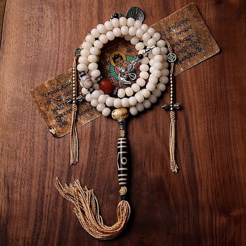 Buddha Stones Tibet 108 Mala Beads Bodhi Seed Bagua Vajra Dzi Bead Gray Agate Wealth Bracelet