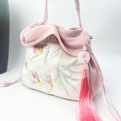 Buddha Stones Suzhou Embroidery Camellia Magnolia Peony Lotus Silk Tote Crossbody Bag Shoulder Bag Handbag