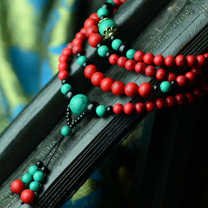 Buddha Stones Turquoise Black Onyx Red Turquoise Bead Protection Bracelet