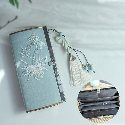 Buddha Stones Flower Plum Peach Blossom Bamboo Double-sided Embroidery Large Capacity Cash Holder Wallet Shopping Purse