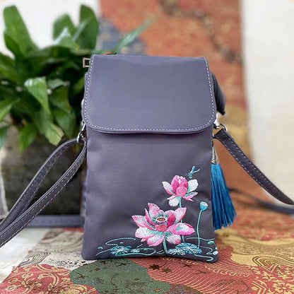 Buddha Stones Waterproof Handmade Embroidered Lotus Flowers Crossbody Bag Shoulder Bag Cellphone Bag