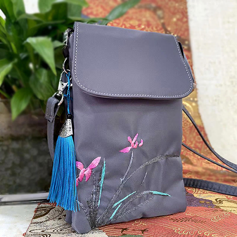 Buddha Stones Waterproof Handmade Embroidered Lotus Flowers Crossbody Bag Shoulder Bag Cellphone Bag