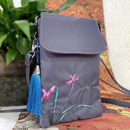 Buddha Stones Waterproof Handmade Embroidered Lotus Flowers Crossbody Bag Shoulder Bag Cellphone Bag