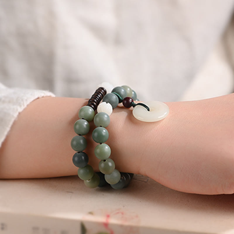 Buddha Stones Cyan Bodhi Seed Lotus Jade Peace Buckle Wisdom Double Wrap Bracelet
