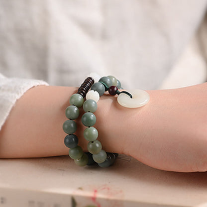 Buddha Stones Cyan Bodhi Seed Lotus Jade Peace Buckle Wisdom Double Wrap Bracelet