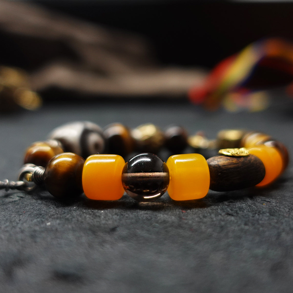 Protective Energy Three-Eyed Dzi Bead Bracelet Tibetan Vajra Silver Talisman