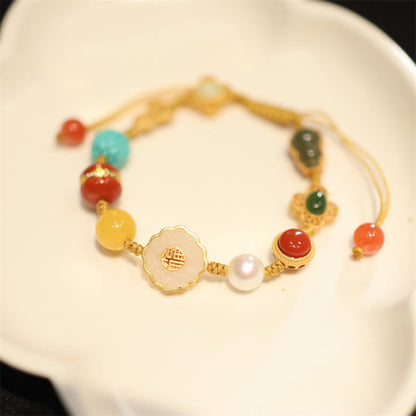 Buddha Stones 925 Sterling Silver Natural Hetian Jade Amber Red Agate Crystals Luck Bracelet