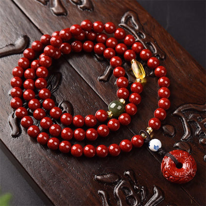 Buddha Stones Tibetan Cinnabar Peace Buckle Triple Wrap Blessing Bracelet Mala