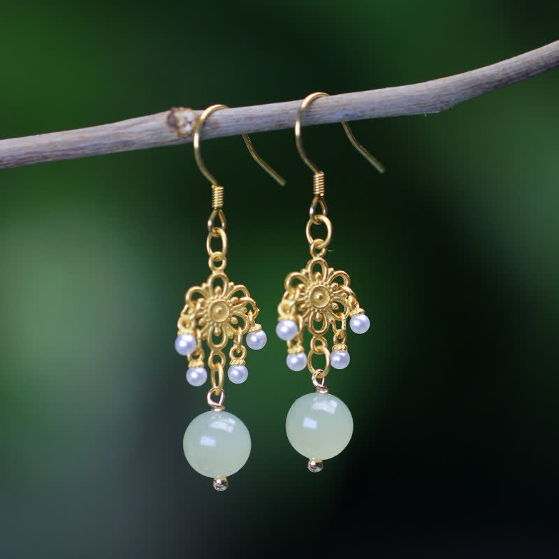 Buddha Stones Hetian Jade Flower Pattern 14K Gold Plated Luck Drop Dangle Earrings