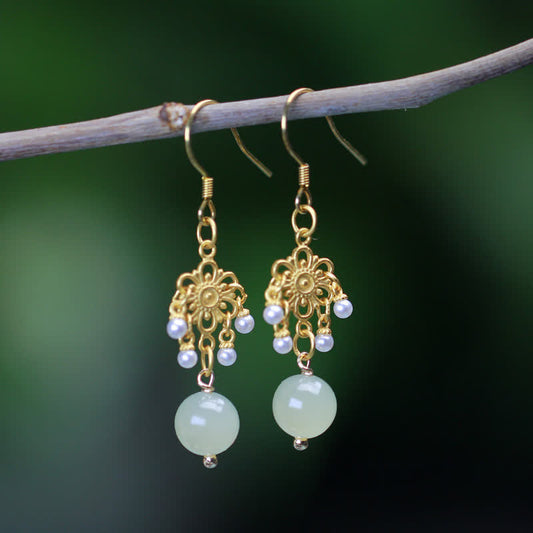Buddha Stones Hetian Jade Flower Pattern 14K Gold Plated Luck Drop Dangle Earrings