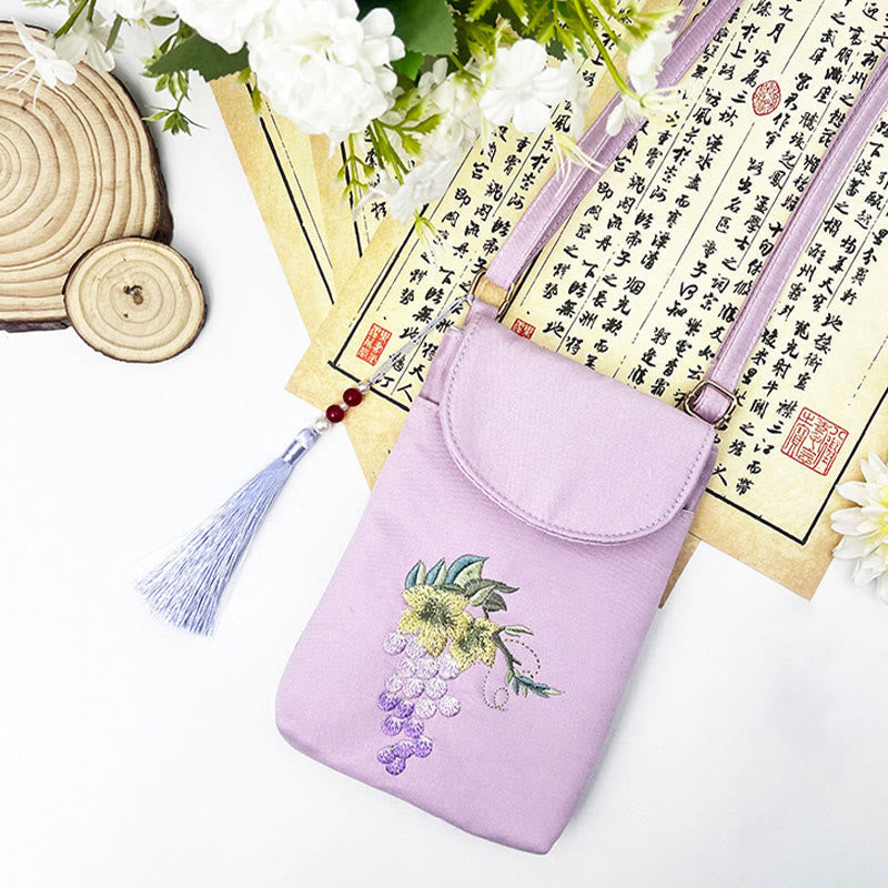 Buddha Stones Small Embroidered Flowers Crossbody Bag Shoulder Bag Double Layer Cellphone Bag
