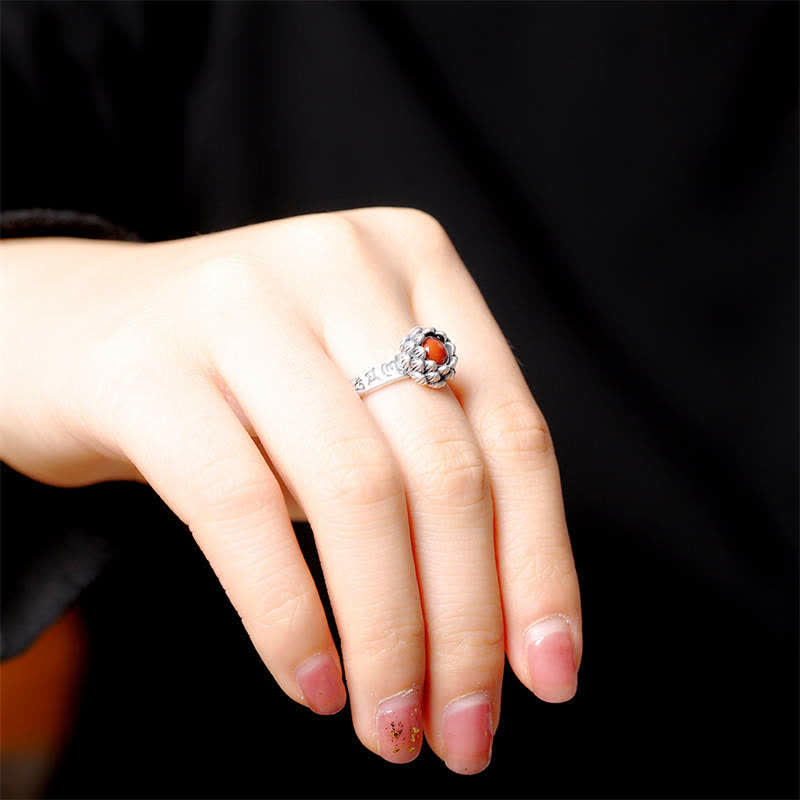 Buddha Stones925 Sterling Silver Lotus Red Agate Confidence Blessing Ring