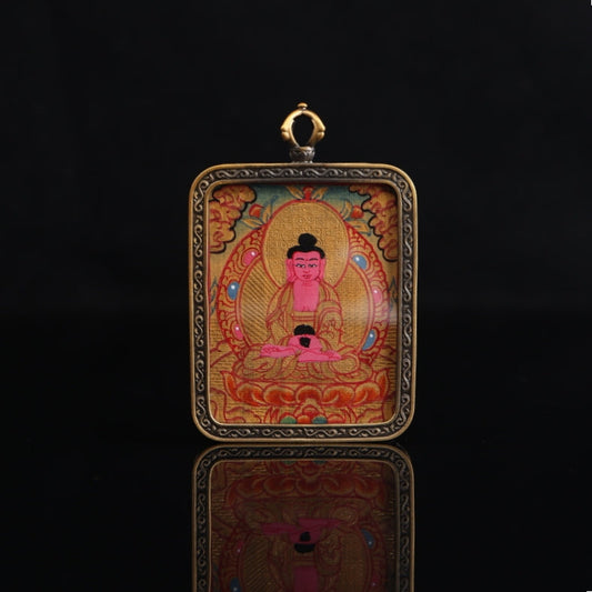 Zodiac Dog & Pig - Amitabha Buddha Tibetan Thangka Pendant Hand-painted with Gold Outline and Vajra Shell