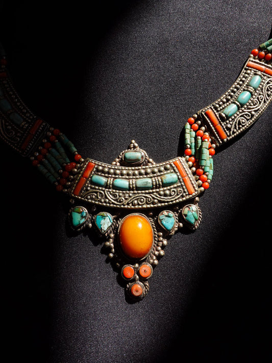 Tibetan Amber, Turquoise & Coral Necklace with White Copper