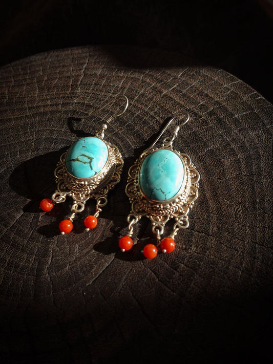 Sterling Silver Earrings with Turquoise & Red Agate