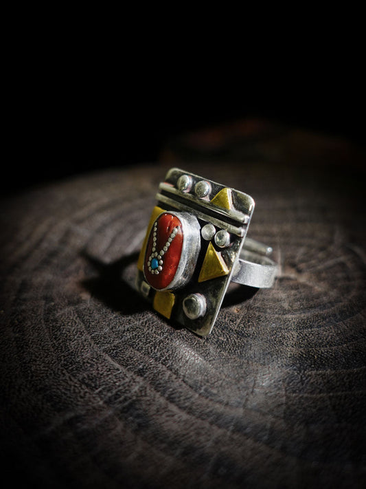 Turquoise & Red Coral Patchwork Ring | Gold-Plated Sterling Silver Tibetan-Inspired Ring