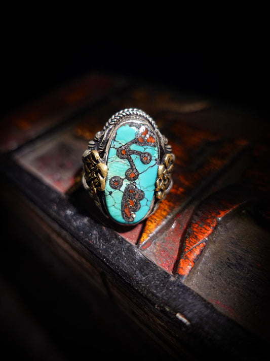 Turquoise & Red Coral Patch Ring | Sterling Silver & Brass with Auspicious Knot