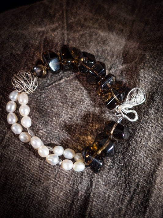 Stress-Relief Grounding Clarity Smoky Quartz & Pearl Silver Bracele