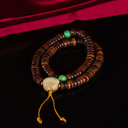 108 Bead Tibetan Old Jade Rosary – High-End Copper Inlay Meditation Bracelet