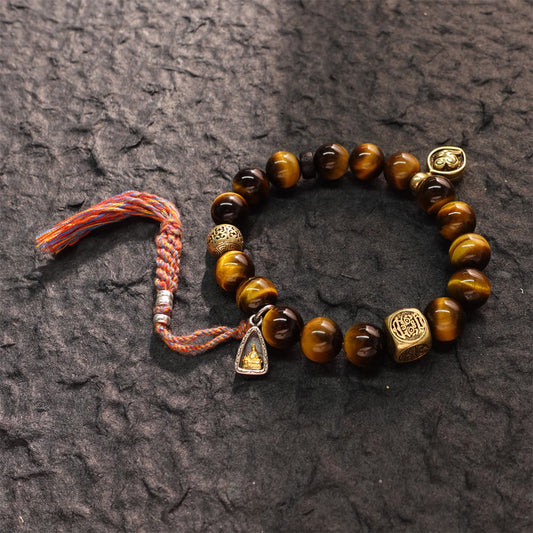 Wealth & Strength Tiger's Eye Bracelet with Gold Buddha Charm