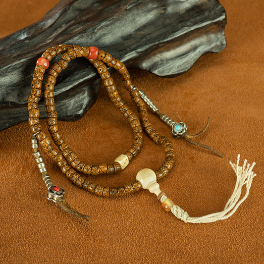 108 Beads Vintage Tibetan Bodhi Seed Bracelet with Turquoise & Silver Accents