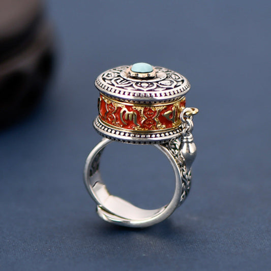 Tibetan Blessing Prayer Wheel Ring – Silver and Turquoise Spinner