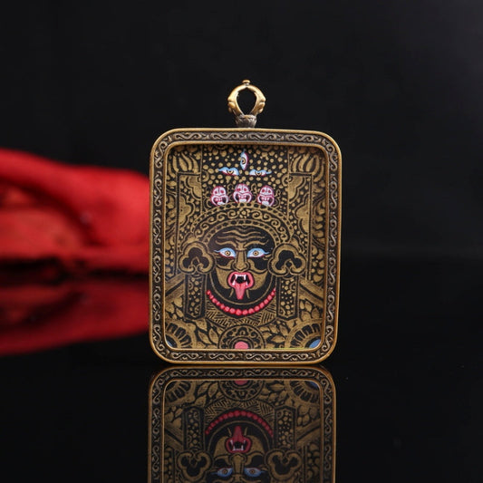 Hand-Painted Black & Gold Thangka Pendant of Zakirum in Pure Copper
