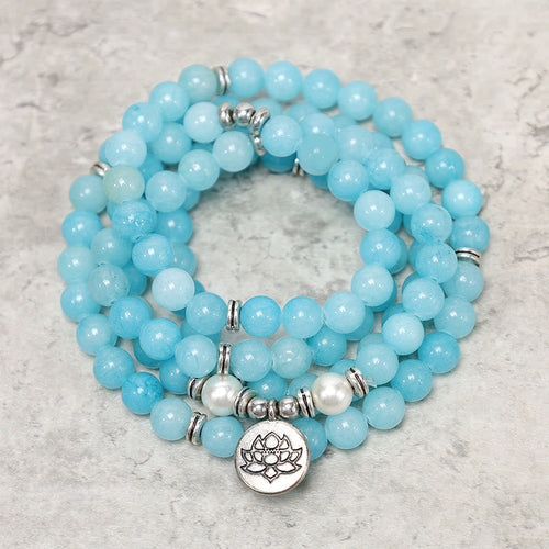 Buddha Stones Natural Amazonite Stone Healing Lotus Mala Bracelet
