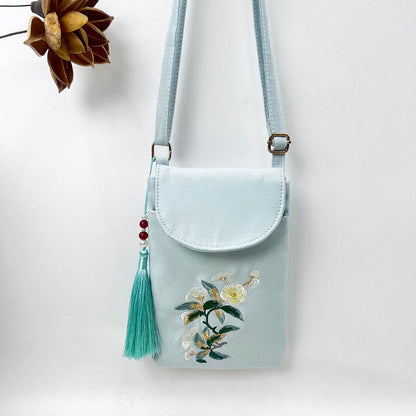 Buddha Stones Small Embroidered Flowers Crossbody Bag Shoulder Bag Double Layer Cellphone Bag