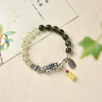 Buddha Stones 925 Sterling Silver Natural Hetian Jade Amber PiXiu Luck Bracelet