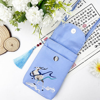 Buddha Stones Small Embroidered Flowers Crossbody Bag Shoulder Bag Double Layer Cellphone Bag