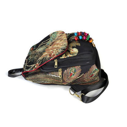 Buddha Stones Peacock Embroidery Canvas Tassel Backpack