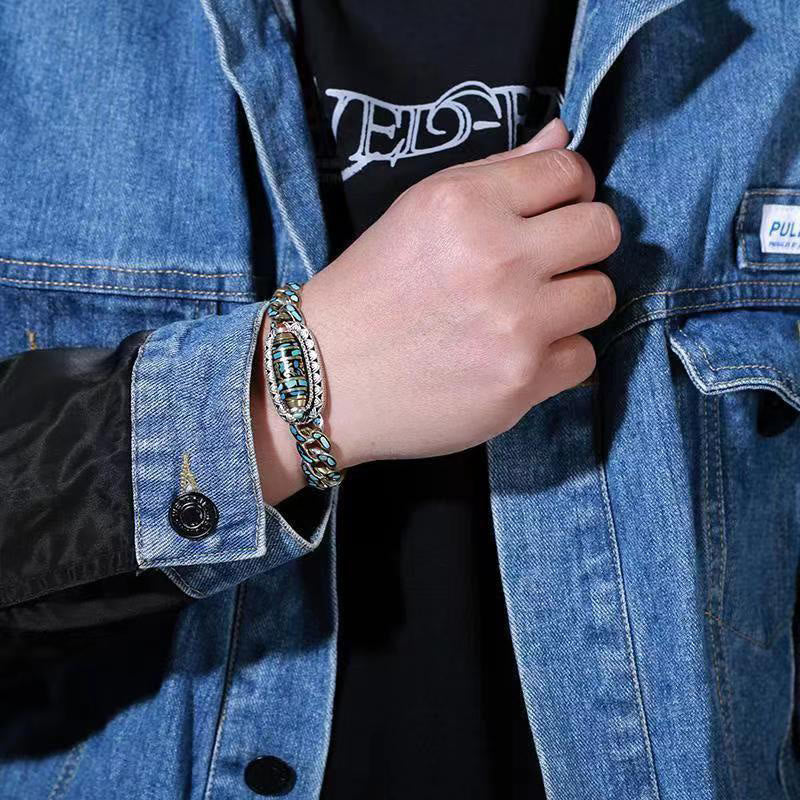 Buddha Stones Tibetan Nine-Eye Dzi Bead Om Mani Padme Hum Turquoise Protection Rotatable Bracelet