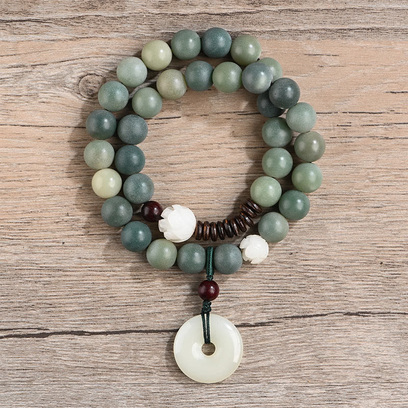 Buddha Stones Cyan Bodhi Seed Lotus Jade Peace Buckle Wisdom Double Wrap Bracelet