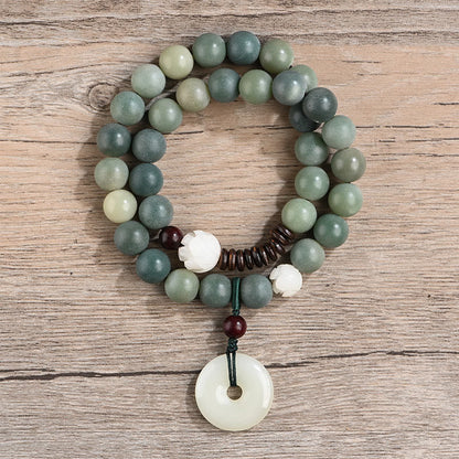 Buddha Stones Cyan Bodhi Seed Lotus Jade Peace Buckle Wisdom Double Wrap Bracelet