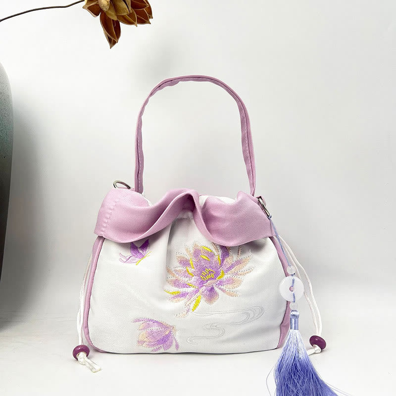 Buddha Stones Suzhou Embroidery Camellia Magnolia Peony Lotus Silk Tote Crossbody Bag Shoulder Bag Handbag