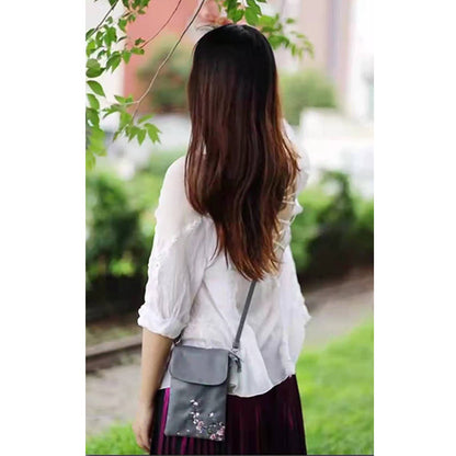 Buddha Stones Waterproof Handmade Embroidered Lotus Flowers Crossbody Bag Shoulder Bag Cellphone Bag