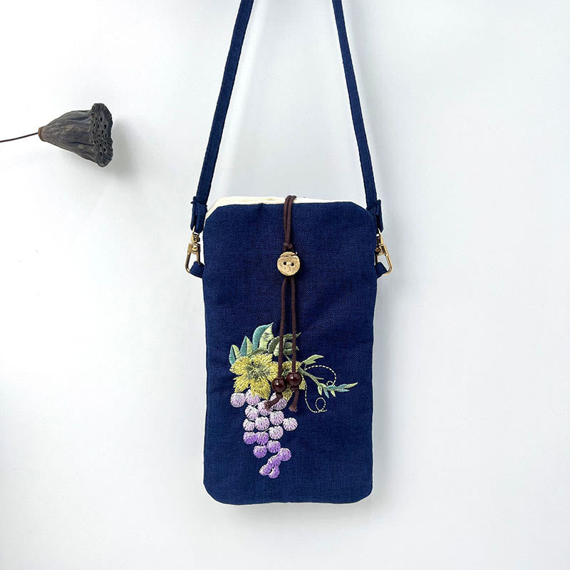 Buddha Stones Small Embroidered Flowers Crossbody Bag Shoulder Bag Cellphone Bag 11*20cm