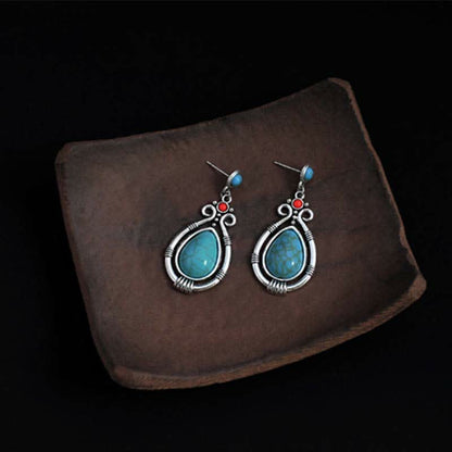 Buddha Stones Tibet Vintage Turquoise Waterdrop Strength Drop Dangle Earrings Clips