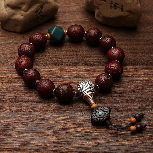 Buddha Stones Tibetan Bodhi Seed Agate Bead Luck Wealth Tassel Charm Wrist Mala
