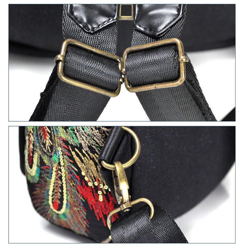Buddha Stones Peacock Embroidery Canvas Tassel Backpack