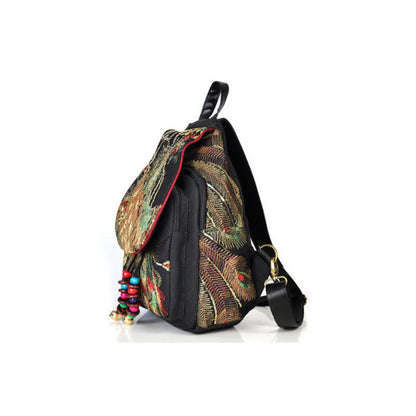 Buddha Stones Peacock Embroidery Canvas Tassel Backpack