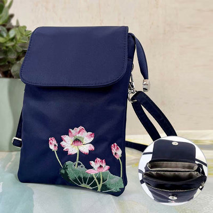 Buddha Stones Waterproof Handmade Embroidered Lotus Flowers Crossbody Bag Shoulder Bag Cellphone Bag