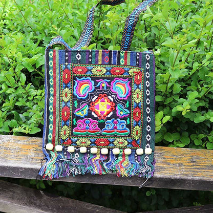 Buddha Stones Tibetan Handmade Embroidered Camellia Canvas Shoulder Bag Crossbody Bag