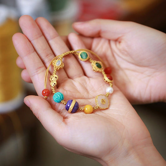 Buddha Stones 925 Sterling Silver Natural Hetian Jade Amber Red Agate Crystals Luck Bracelet