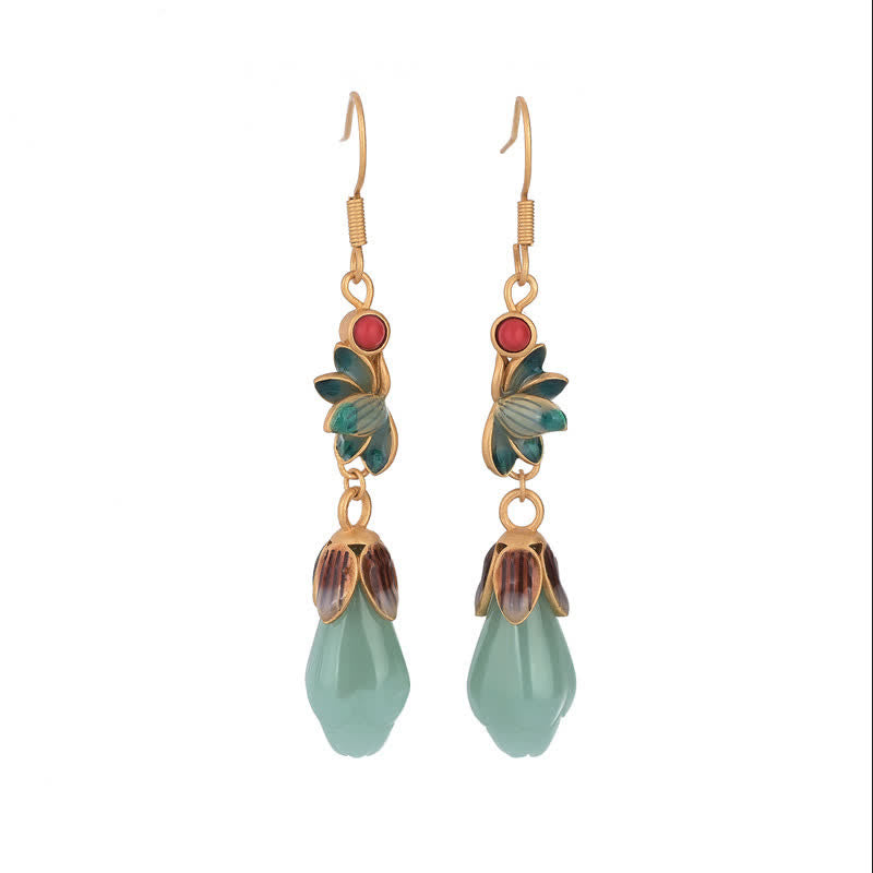 Buddha Stones Magnolia Flower Jade Pattern Luck Prosperity Drop Dangle Earrings