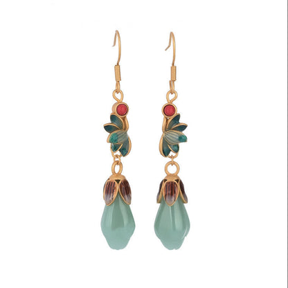 Buddha Stones Magnolia Flower Jade Pattern Luck Prosperity Drop Dangle Earrings