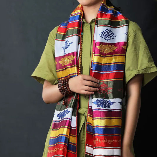 Buddha Stones Tibetan Lucky Blessing Multicolored Lotus Mantra Jacquard Khata Decoration