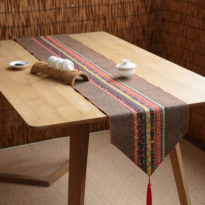 Buddha Stones Classic Chinese Style Lotus Koi Fish Flower Crane Calligraphy Enlightenment Cotton Linen Tassels Table Runner